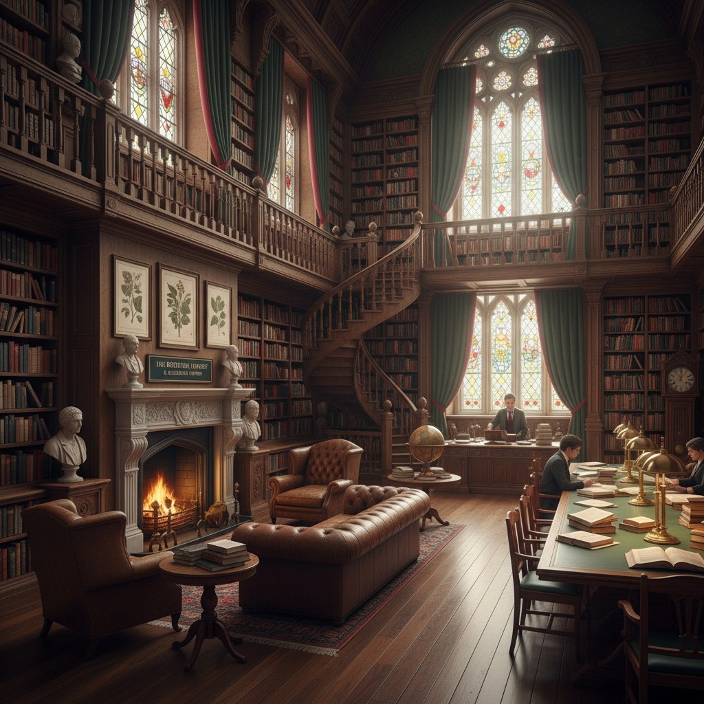 A grand, wood-panelled library with a roaring fireplace, a spiral staircase, and people reading at a large table and desks under tall stained-glass windows.