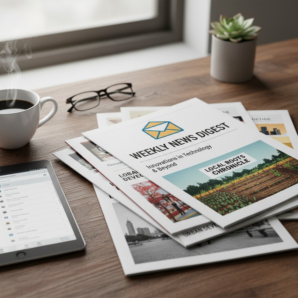A stack of newspapers rests on a wooden desk next to a steaming mug of coffee, a tablet, and a potted succulent.